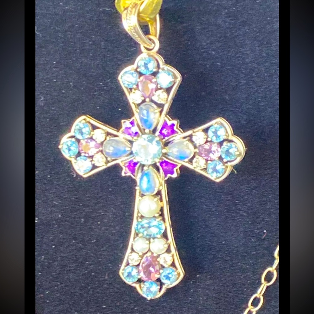 Rare NICKY BUTLER STERLING SILVER, TOPAZ, PEARL AMETHYST MOONSTONE CROSS PENDANT
